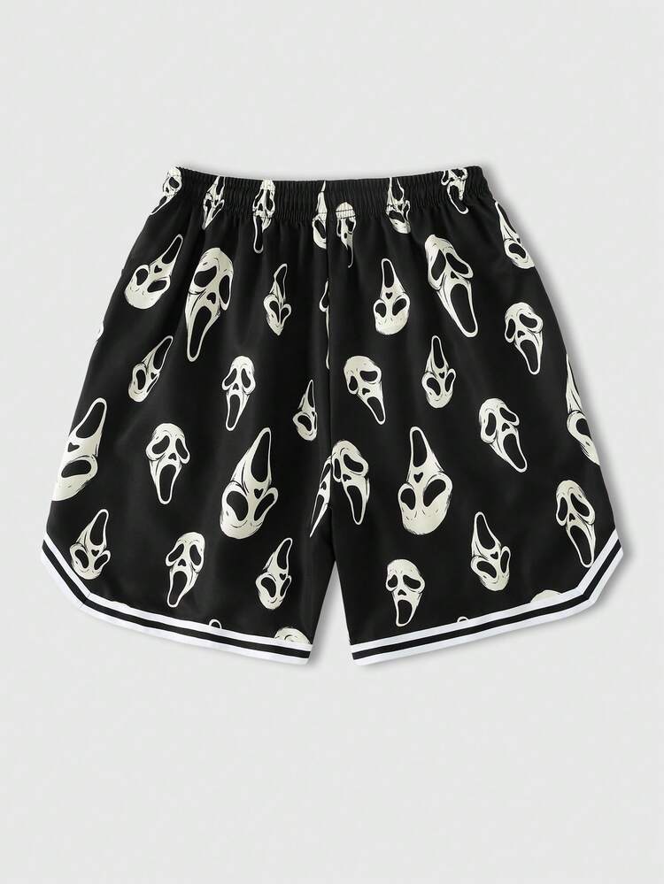 ROMWE MEN Street Life Men's Casual Gothic Fashion Ghost Face Print Pocket Drawstring Waist Shorts - Black - View 2