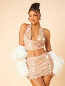 Hauture Women's Solid Color Sequin Fashion Skirt Clubbing Birthday Beige Summer Sexy Party - Apricot - View 2