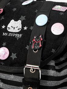 ROMWE Anime Punk Academy Wind Wings Kitten Badge Decorative Striped Stars Backpack Fashion Casual Unisex Large Capacity Backpack Suitable For Commuting, School - Star gray - View 5