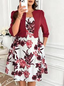 Reflora Vestido elegante de manga 3/4 con estampado floral para mujeres de talla grande, adecuado para vacaciones - Burdeos - Ver 6