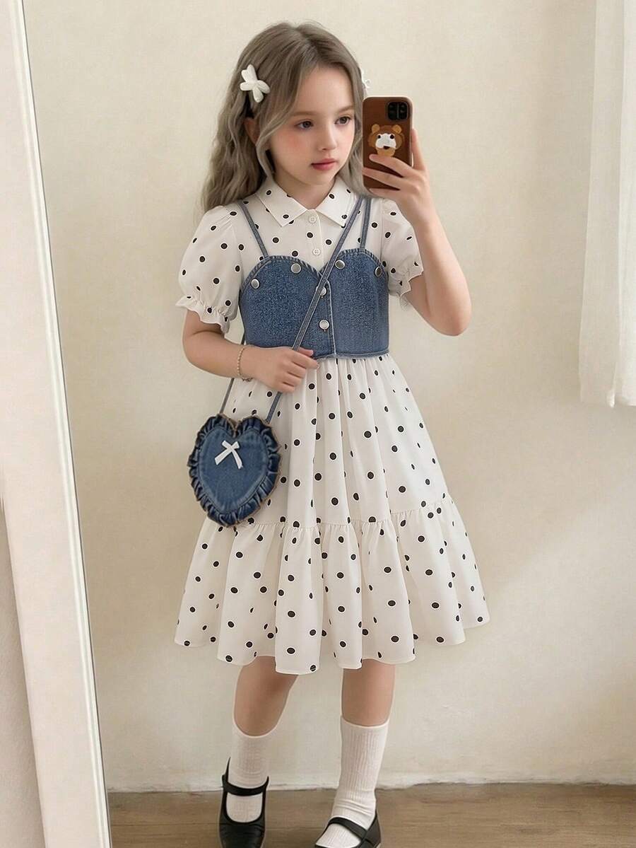 SHEIN 青少年女孩夏季新款優雅通勤風丹寧短版吊帶上衣與波點印花短袖襯衫洋裝套裝,附贈心形包,適合日常、校園及派對穿著 - 彩色 - 查看 1