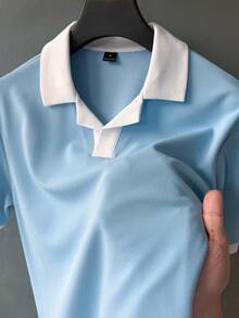 Manfinity CasualCool 男士對比飾邊休閒百搭短袖 Polo 衫，正式款 - 藍色 - 查看 4
