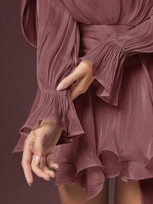 L'Amorae Women's Elegant Solid Color Waist-Defining Mini Dress, Graduation, Birthday, Ruffle, Pleated, Fall, Winter, Autumn Day Party Dusty Rose - Redwood - View 6