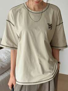 DAZY Color Block Contrast Stitching Decor Short Sleeve Women T-Shirt Summer Preppy Tops School - Khaki - View 3