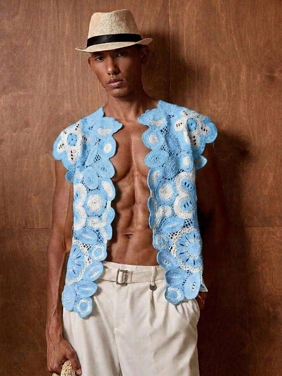 AKNOTIC 男士針織鉤編黑白花卉時尚休閒寬鬆無袖針織上衣背心,適合夏季、度假、日常穿著、派對、情侶穿搭,男士禮物 - 彩色 - 查看 1