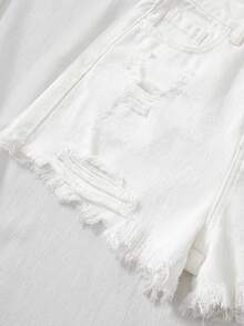 SHEIN Calções de ganga rasgados de cintura alta com bainha desfiada e bolsos desgastados, estilo boho casual, lavados, cor lisa, para rapariga pré-adolescente, calções largos para verão, praia, férias, concertos, festivais, rave, brunch e formatura - Branco - Ver 4