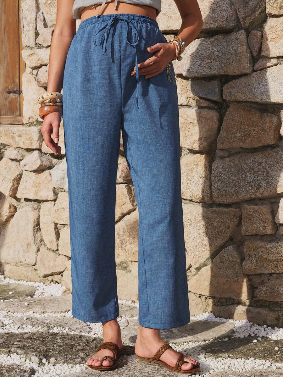 Boho Mama Maternity Solid Color Drawstring Waist Casual Versatile Daily Outing Long Pants - Blue - View 1
