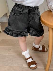 Hapijoa Wood Frill Trim Design Washed Distressed Short Denim Shorts For Young Girls Summer - Dark Grey - View 4