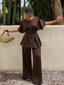Livesso Summer Loose Business Casual Vacation Office Travel Wear Cinched Waist Pleated Pullover Shirt Straight Leg Long Pants Women's 2 Pieces Set Dark Brown - Brown - View 2