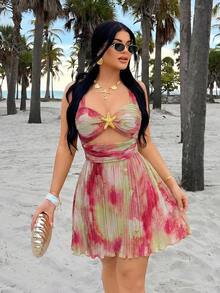 SHEIN SXY 女款度假休閒紮染印花鏤空迷你洋裝 - 紅色 - 查看 7