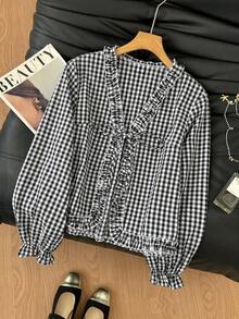 Muvela Camisa casual a cuadros con volantes y lazo delantero - Negro - Ver 5