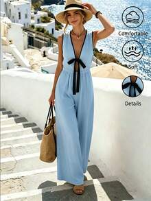SHEIN Holidaya Mono de pierna ancha suelto con cintura plisada, color de contraste y lazo con cordones para mujer, verano, playa y vacaciones - Multicolor - Ver 6