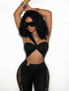 BamGleam 女士夏季无袖镂空单肩吊带裤，金属装饰，侧边蕾丝拼接设计，性感透视紧身黑色连体裤 - 黑色 - 查看 6