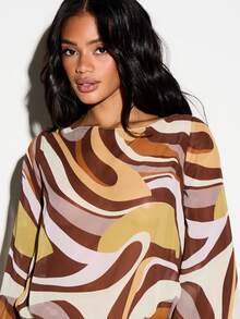KIZN Swirl Print Boat Neck Open Back Mini Dress With Long Bell Sleeves And Belted Waist For Party Evening Cocktail Events - Multicolor - View 6