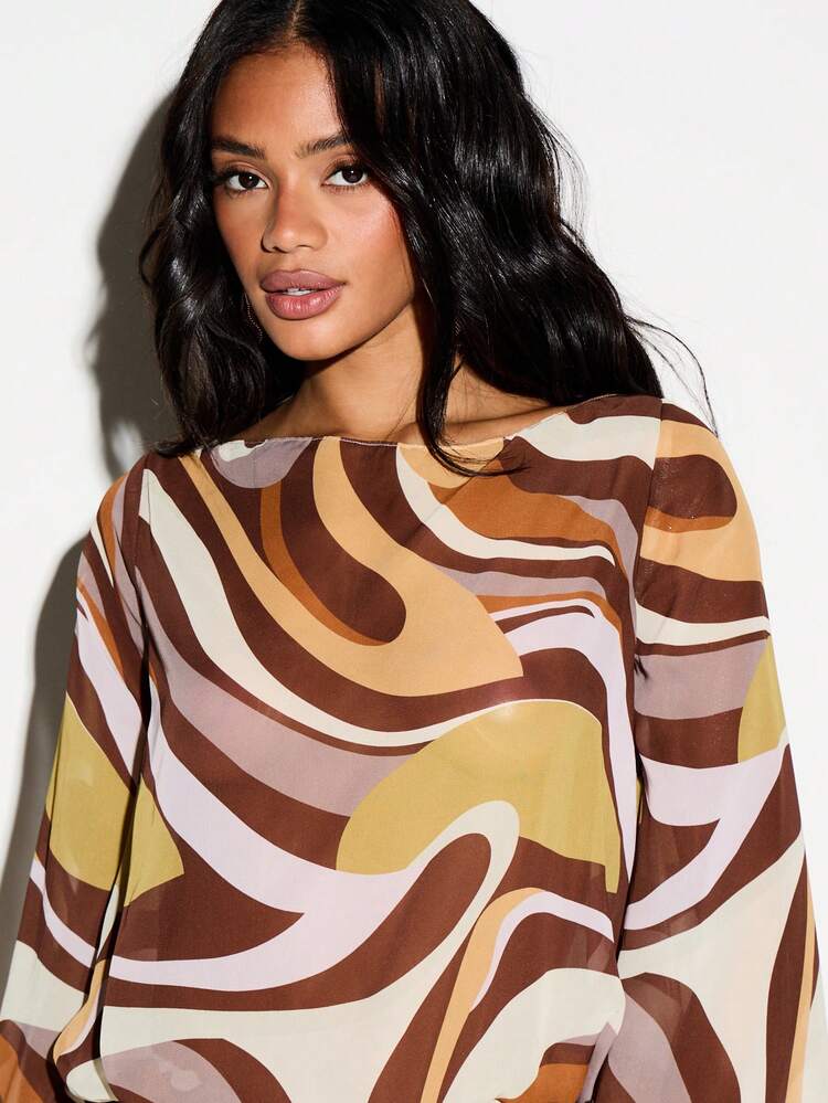 Swirl Print Boat Neck Mini Dress With Bell Sleeves