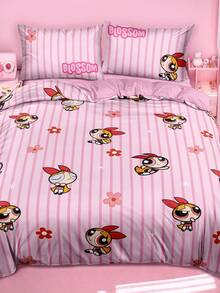 THE POWERPUFF GIRLS X SHEIN 三件套可爱卡通印花被套，光滑面料，柔软保暖，红色被套，多种尺寸可选，适用于单人床/双人床/大号床/特大号床 - 粉色 - 查看 4