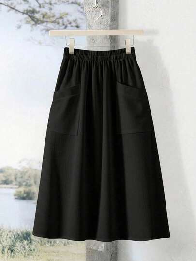 Rusticease Women's Solid Color Elastic Waist Pocket Design Casual Skirt