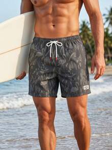 Manfinity Swimmode Men's Beach Holiday Flamingo Print Drawstring Swim Trunks Men's Beachwear Grey Swim Trunks Men Swim Trunks Drawstring Camo Men's Swim Trunks - Black - View 7