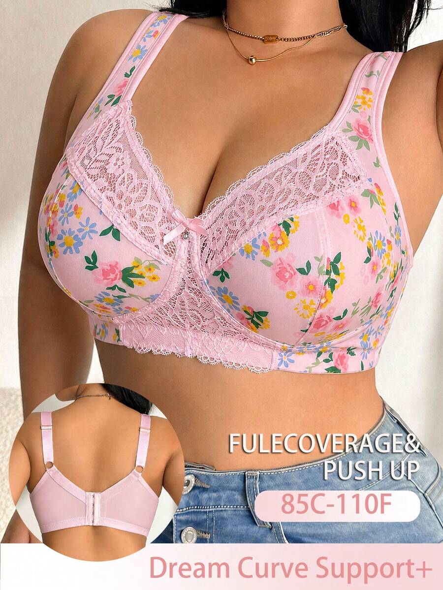 DesireSculpt Plus Size Lace Patchwork Non-Wired Bralette - Multicolor - View 1
