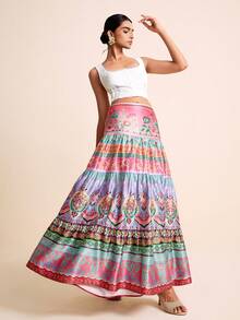 LOTSLUV Women's Summer Vacation Elegant Boho Lace Light Pink Ruched Split Placement Print Skirt Tea Party Vacation Party Tea Party,Festival Skirt - Multicolor - View 7
