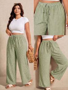 Elaquor Plus Size Women's Light Green Drawstring Waist Loose Long Pants Summer Versatile Beach Vacation Casual - Green - View 7