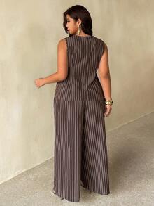 Auralis Plus Size Women's Round Neck Chocolate Brown Top And Long Pants Casual Elegant Daily 2 Pieces Set Office Formal Outfits For Work Summer Teachers' Day - Coffee Brown - View 7
