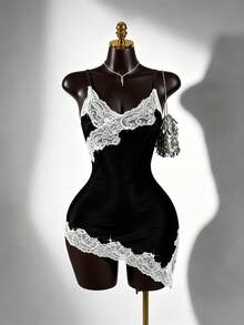 SaltGleam SaltGleam Women's Black And White Spaghetti Strap Lace Dress,Asymmetrical Hem,Waist Cinched,Glossy Fabric,Elegant,Party,Summer Boho Style Beach Vacation Dress - Multicolor - View 6