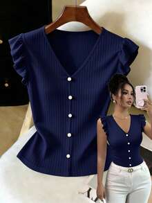 Elenzga Women's V-Neck Short Sleeve Solid Color T-Shirt Casual Daily - Navy Blue - View 7