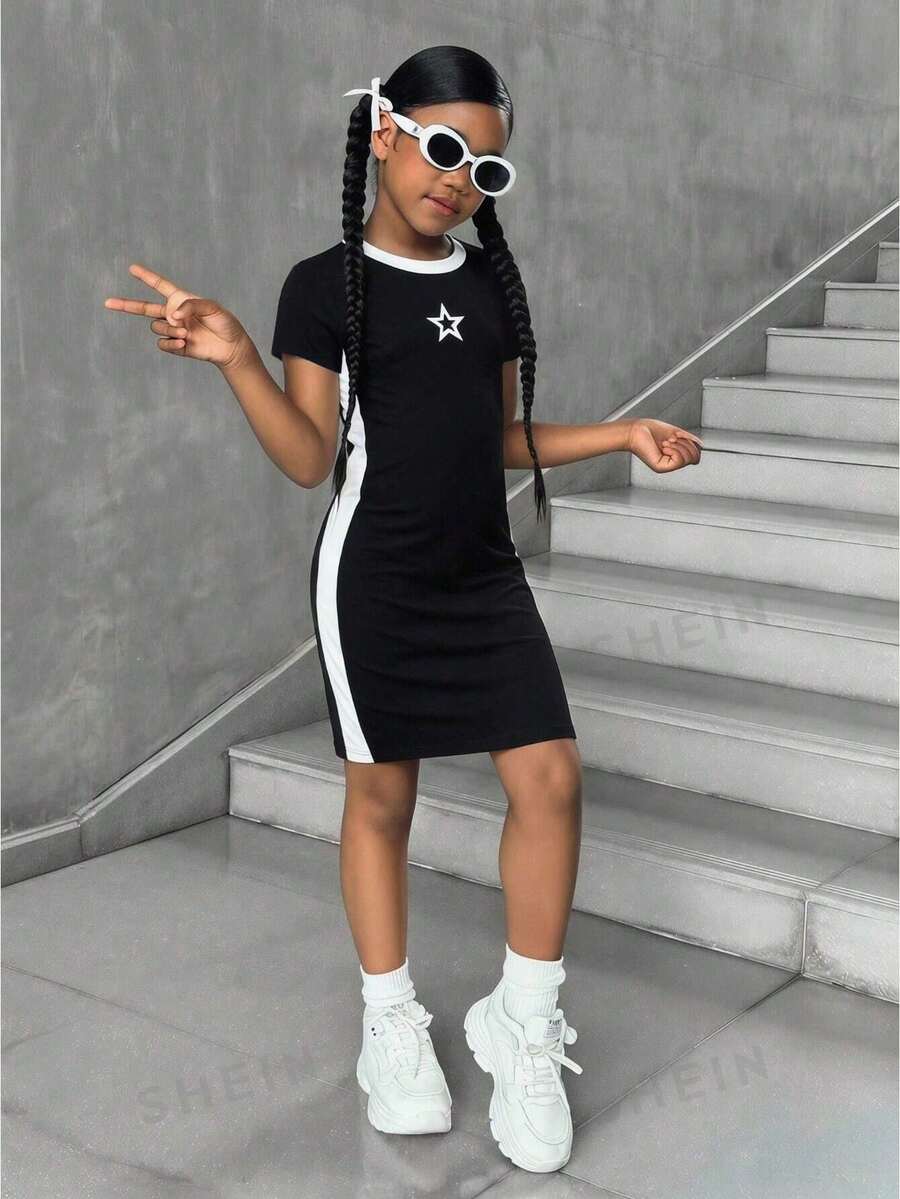 SHEIN Tween Girls' Black & White Patchwork Contrast Color Five-Pointed Star Print Knit Snug Fit Casual Dress - Black - View 1