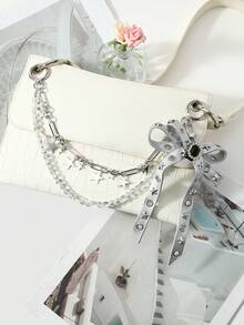 ROMWE Goth 1 Y2k Retro Punk Silver Leather Rivet Bow Star Imitation Crystal Beaded Chain DIY Bag Pendant Keychain, Daily Wear By Girls And Ladies - Silver - View 11