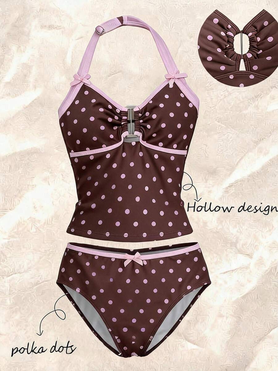SHEIN Áo tankini cổ yếm sọc đen trắng vân nổi cho thiếu nữ, phù hợp bơi lội, đi nghỉ mát, mặc đi biển, bộ đồ bơi trẻ em, kỳ nghỉ hè - Nhiều màu - Xem 1