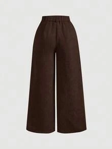 SHEIN PETITE Celana Panjang Kasual Serbaguna Warna Polos Pinggang Tinggi Potongan Lebar, Wanita Bertubuh Mungil - Coklat - View 9