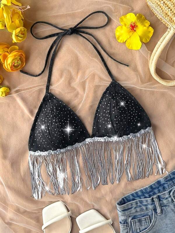 Soleia Women's Sequin Tassel Hem Sexy Cropped Halter Neck Denim Top