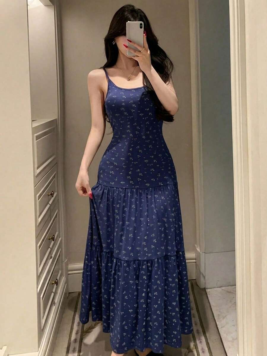 DAZY 度假風碎花細肩帶洋裝 夏季女款睡裙睡衣 - 藏蓝色 - 查看 1