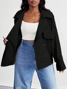 SHEIN PETITE CURVE Casaco trench elegante para mulher plus size, com botões, cinto e fivela metálica - Preto - Ver 6