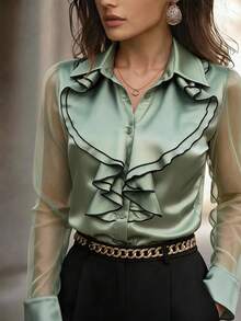 SHEIN Clasi 女款春夏秋網格拼接單排釦百褶長袖襯衫 - 綠色 - 查看 9