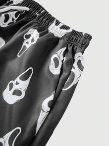 ROMWE MEN Men's Casual Gothic Fashion Ghost Face Print Pocket Drawstring Waist Beach Shorts - Grey - View 4
