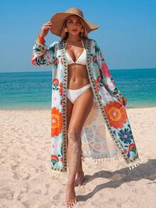 Swim Lushoire Women's Floral Placement Print Cover Up With Detachable Belt, Beach Party Vacation Kimono Cover-Up - Multicolor - View 5