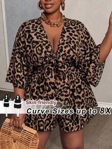 SHEIN CURVE+ 大尺碼度假休閒性感V領綁帶寬鬆印花女款連身褲，適合波希米亞音樂節、秋季外出、海灘，米色 - 彩色 - 查看 1