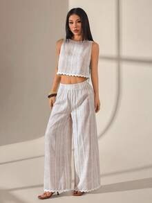 SHEIN PETITE Women's White Crew Neck Sleeveless Top And Pants 2 Pieces Set, Vacation,Summer Linen Style Casual Boho Ruffle Trim Contrast Color 2-Piece Set - Apricot - View 3