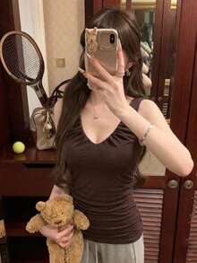INAWLY Camiseta de tirantes, camisa sin mangas con estilo coreano y espalda descubierta para mujeres - Marrón - Ver 7