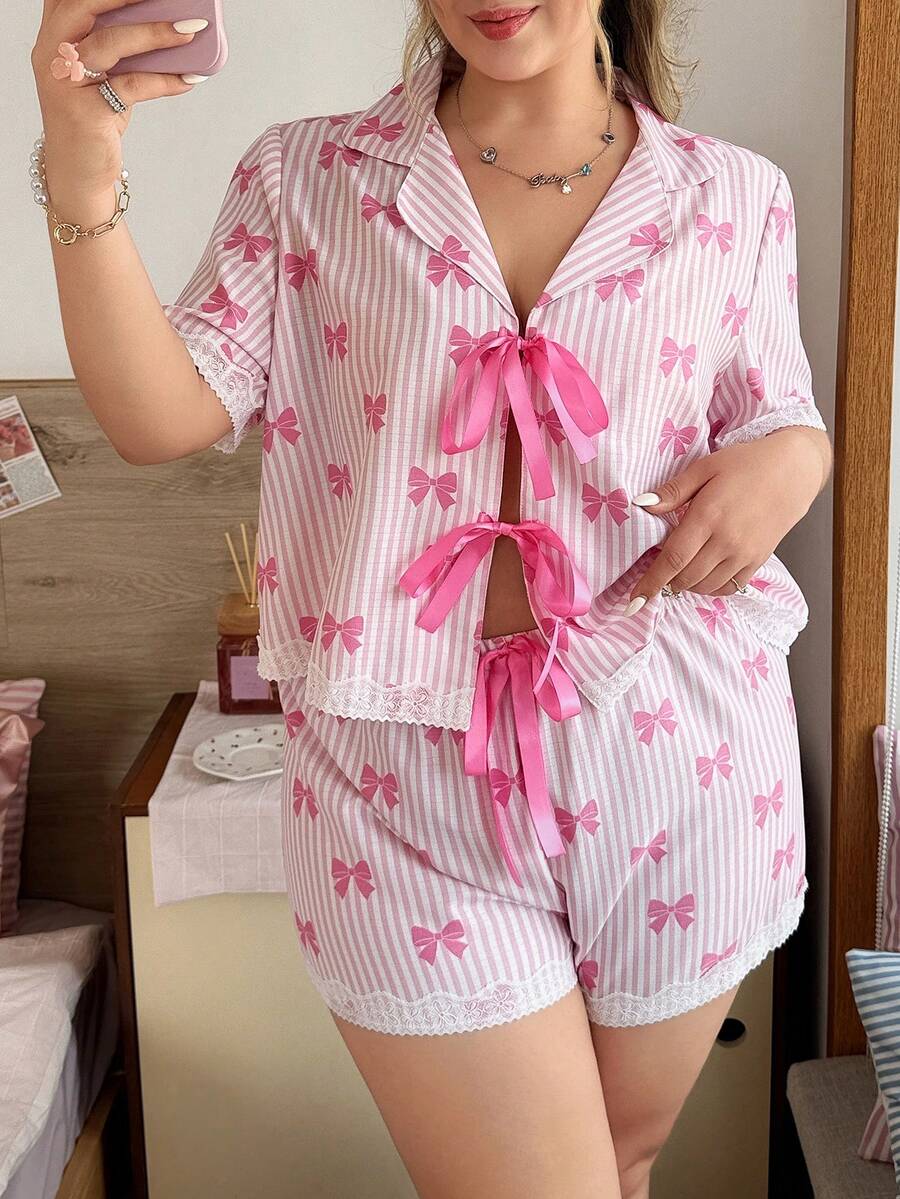 Slumberry CURVE Sweet Ins Romantic Striped Bow Petal Sleeve Ruched Plus Size Open Front Lapel Pajama Set - Multicolor - View 1
