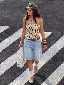 SHEIN EZwear 女款休閒極簡緊身抹胸上衣，不對稱下擺，波點圖案，夏季上衣 - 彩色 - 查看 10