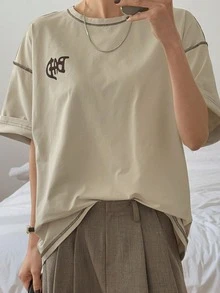 DAZY Color Block Contrast Stitching Decor Short Sleeve Women T-Shirt Summer Preppy Tops School - Khaki - View 4