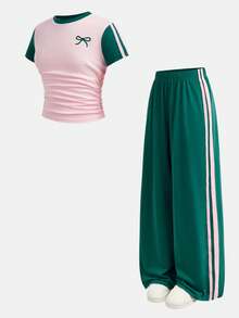 Tween Girls Bowknot Contrast Color Patchwork Bowknot Print T-Shirt And Long Pants Knit 2 Pieces Set Casual Daily Fashion Versatile - Multicolor - View 5
