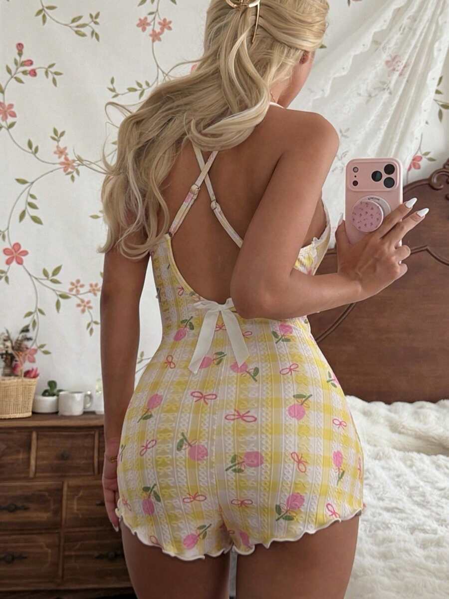 CottageSlumber Lace Patchwork Ruffle Bow Decor U-Back Plaid Fitted Jumpsuit Loungewear - Yellow - View 1