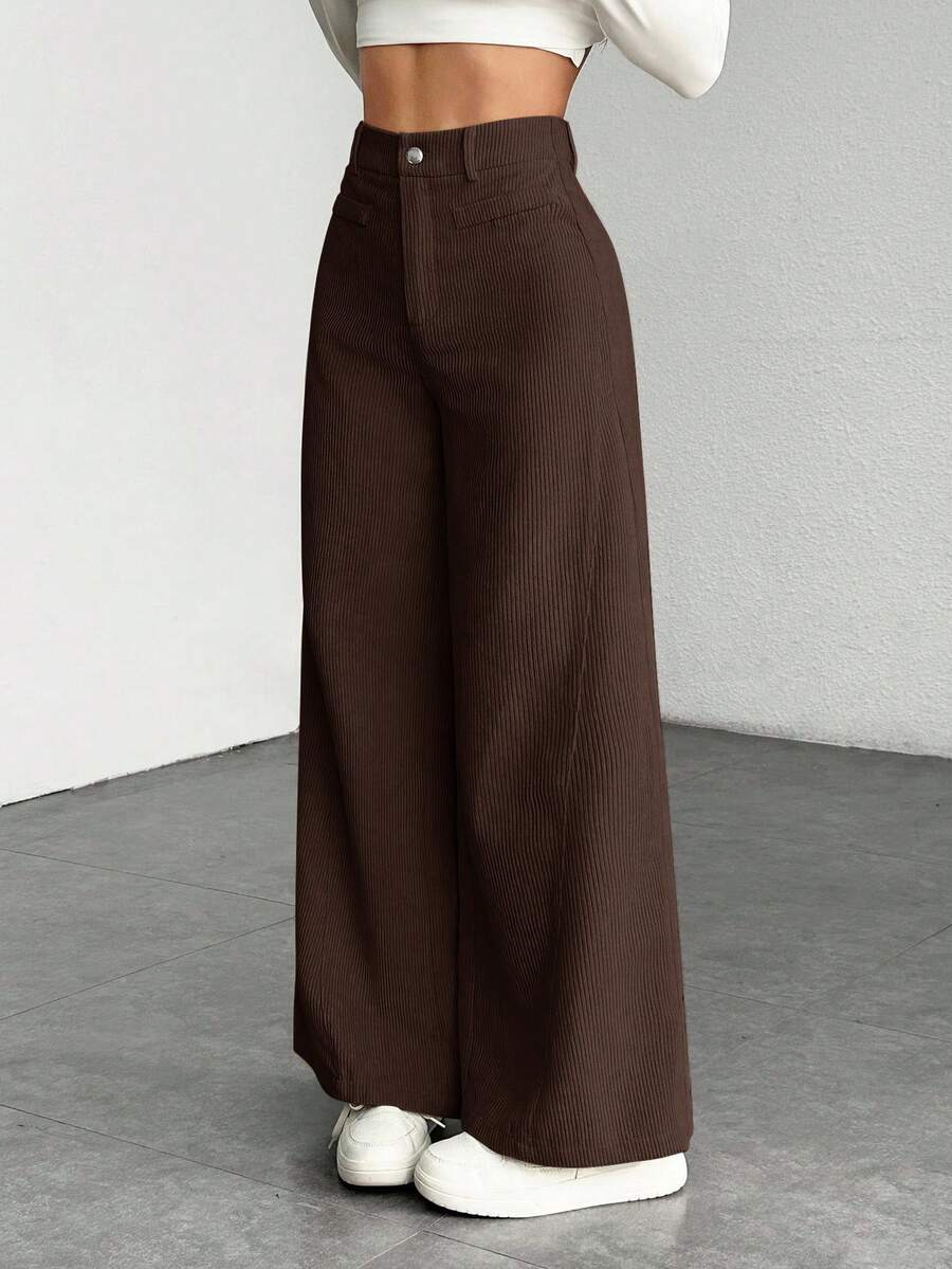 SHEIN PETITE Celana Panjang Kasual Serbaguna Warna Polos Pinggang Tinggi Potongan Lebar, Wanita Bertubuh Mungil - Coklat - View 1