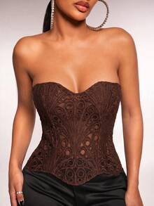 Radiana Plus Size Women's Lace Sexy Slim Fit Bandeau Top - Brown - View 4