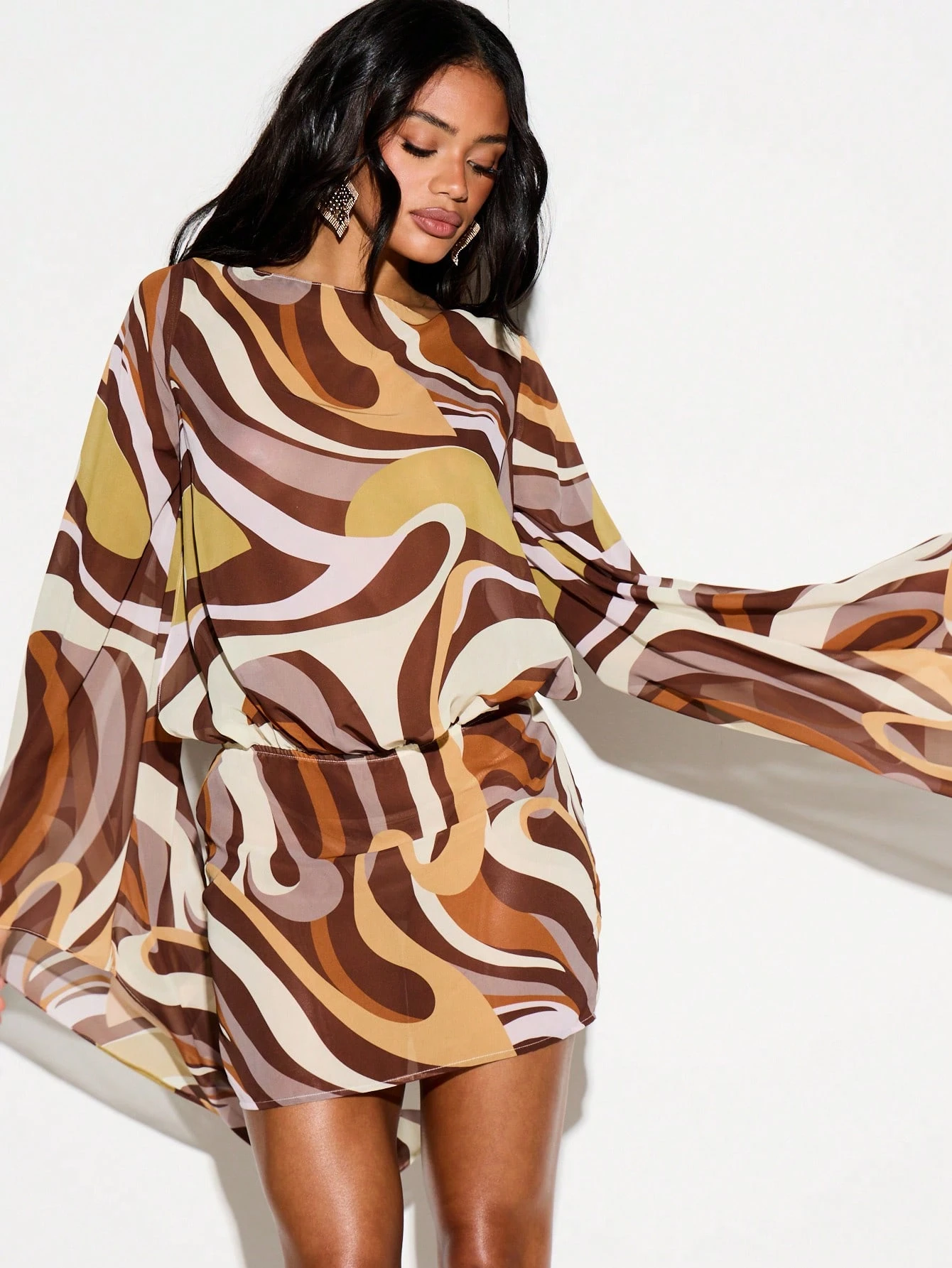 Swirl Print Boat Neck Mini Dress With Bell Sleeves