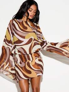 KIZN Swirl Print Boat Neck Open Back Mini Dress With Long Bell Sleeves And Belted Waist For Party Evening Cocktail Events - Multicolor - View 3